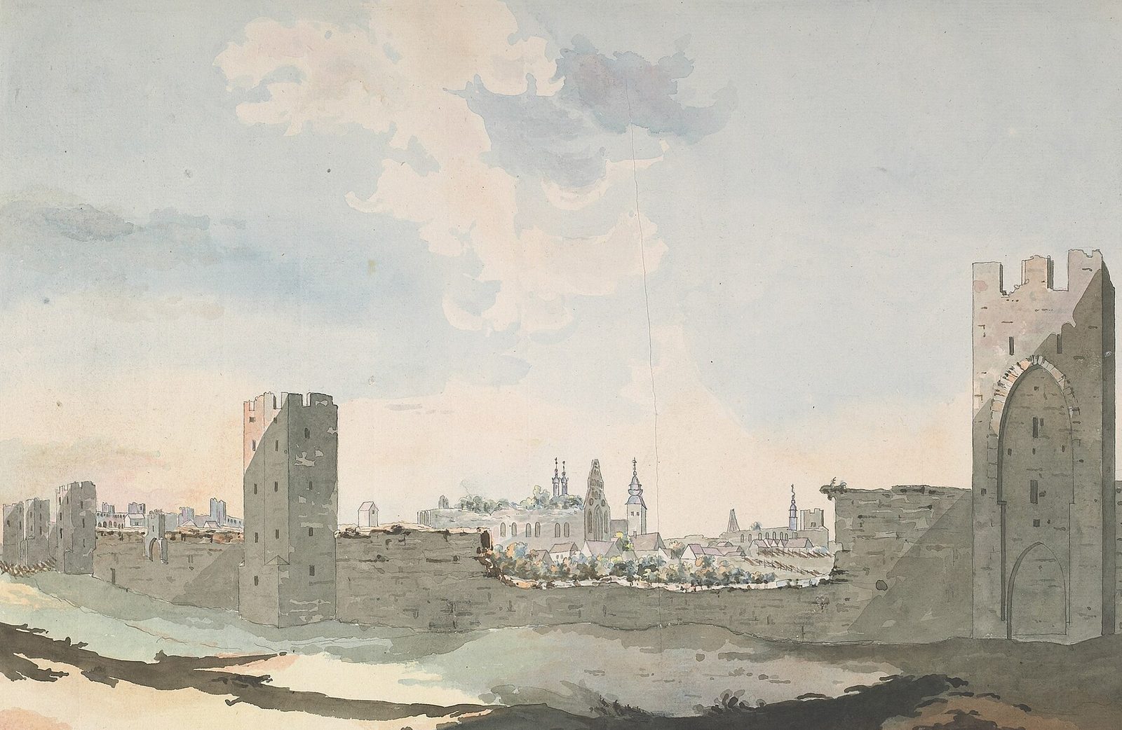 Watercolour view of Visby and its medieval town wall, early nineteenth century